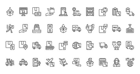 40 set of outline web delivery icons such as shopping online, weight scale, delivery man, delivery truck, document, worldwide shipping, forklift vector thin icons for report, presentation, diagram,