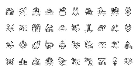 40 set of outline web coastline icons such as cliff, bikini, wave, beach, beach, coastline, crab vector thin icons for report, presentation, diagram, web design, mobile app