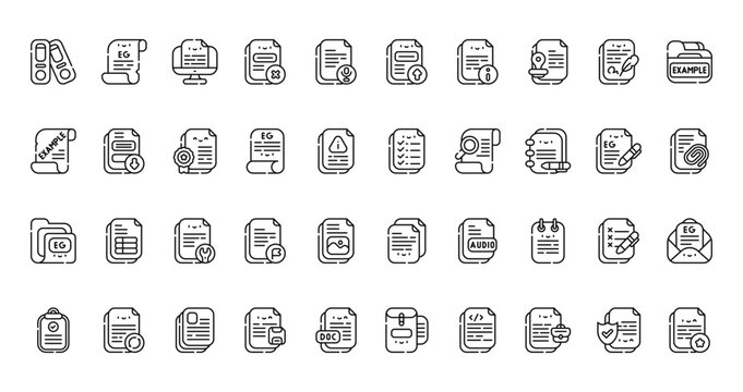 40 set of outline web documentation icons such as parchment, upload, parchment, document, folder, document, checking vector thin icons for report, presentation, diagram, web design, mobile app