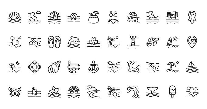 40 set of outline web coastline icons such as cliff, bikini, wave, beach, beach, coastline, crab vector thin icons for report, presentation, diagram, web design, mobile app