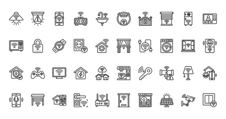 40 set of outline web smart home icons such as alarm, vaccum cleaner, microwave, smart curtain, home security, coffee maker, voice assistant vector thin icons for report, presentation, diagram, web