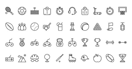 40 set of outline web sports and games icons such as football, head, rugby, chess, gamepad, gamepad, gamepad vector thin icons for report, presentation, diagram, web design, mobile app