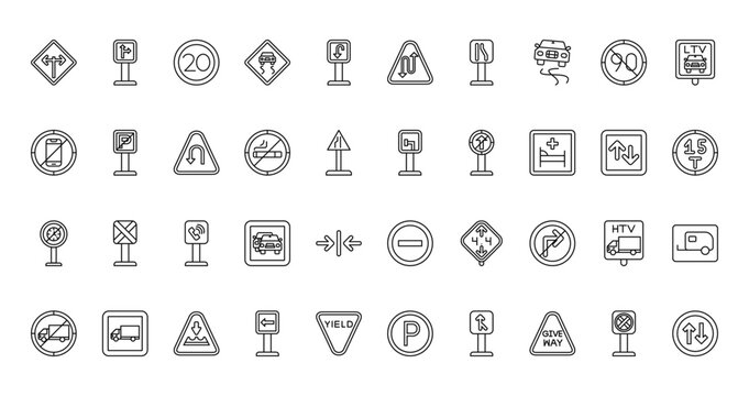 40 set of outline web traffic signs icons such as go straight or right, right reverse bend, no mobile phone, dead end street, no waiting, highway, no trucks vector thin icons for report,