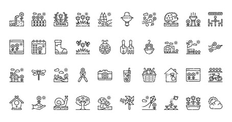 40 set of outline web spring icons such as fence, hat, video, gardening tools, house, lemonade, bird house vector thin icons for report, presentation, diagram, web design, mobile app