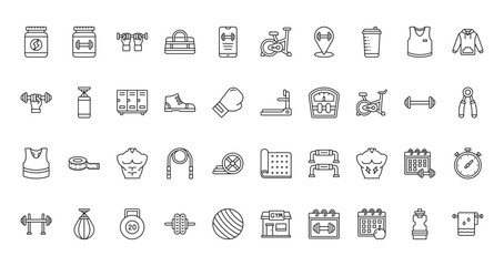 40 set of outline web gym icons such as protein supplement, stationary bike, weightlifting, treadmill, tank top, yoga mat, barbell vector thin icons for report, presentation, diagram, web design,