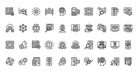 40 set of outline web fintech icons such as competitor analysis, payment method, configuration, transfer, crowdfunding, saas, circulation vector thin icons for report, presentation, diagram, web