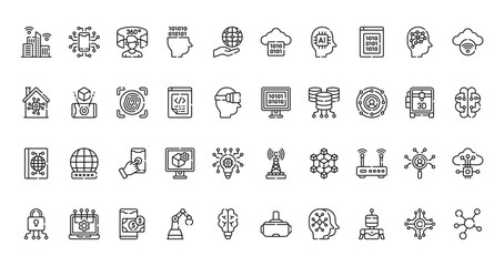 40 set of outline web digital technology icons such as digitalisation, cloud computing, smarthome, binary code, book, tower, security vector thin icons for report, presentation, diagram, web design,