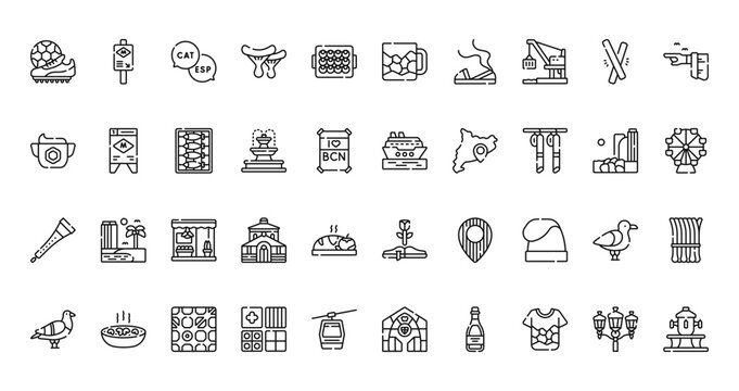 40 set of outline web barcelona icons such as subway, souvenir, allioli, cruise, gralla, sant jordi, pigeon vector thin icons for report, presentation, diagram, web design, mobile app