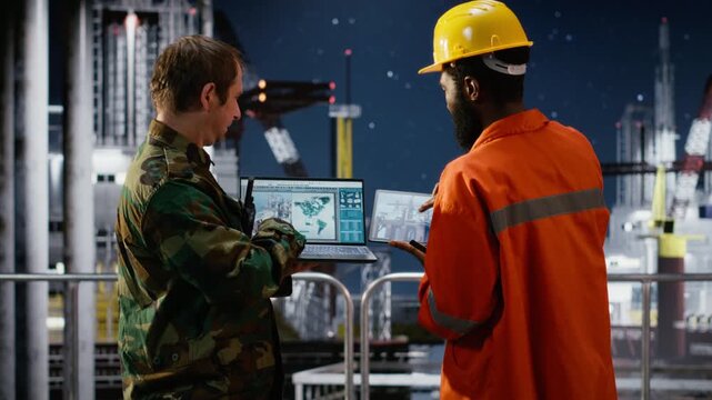 Naval soldier and engineer on escort coordinating protection and logistics for offshore oil rig, ensuring safety, intelligence readiness and maritime defense operations. Camera B.