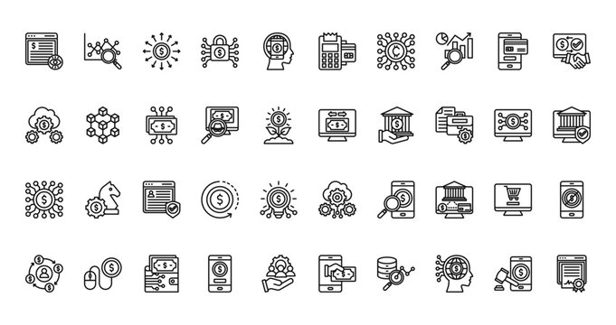 40 set of outline web fintech icons such as competitor analysis, payment method, configuration, transfer, crowdfunding, saas, circulation vector thin icons for report, presentation, diagram, web