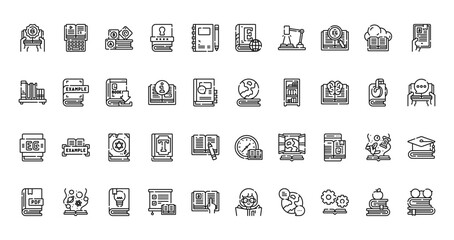 40 set of outline web books and reading icons such as keyboard, ebook, bookshelf, world, eg, clock, pdf vector thin icons for report, presentation, diagram, web design, mobile app