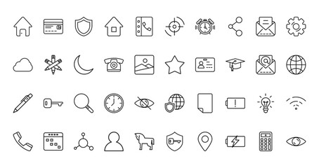 40 set of outline web user interface icons such as bank card, focus, cloud, star, pen, antivirus, telephone vector thin icons for report, presentation, diagram, web design, mobile app