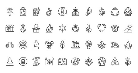40 set of outline web ecology icons such as eco bag, funding, green house, handshake, bicycle, green city, pine vector thin icons for report, presentation, diagram, web design, mobile app