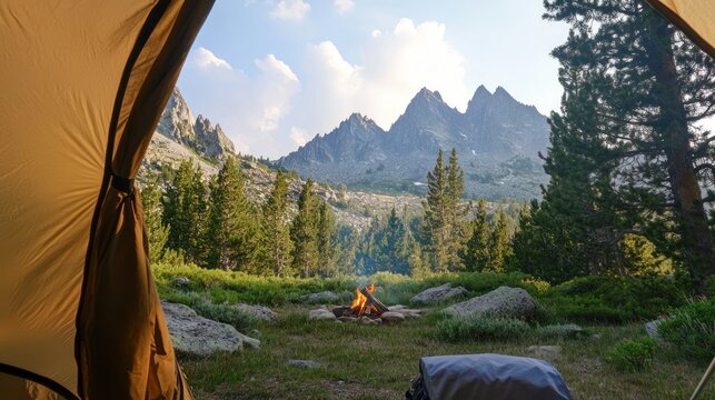 a scenic view from a camping tent shows majestic peaks and campfire glow, inviting exploration of wild nature's tranquility