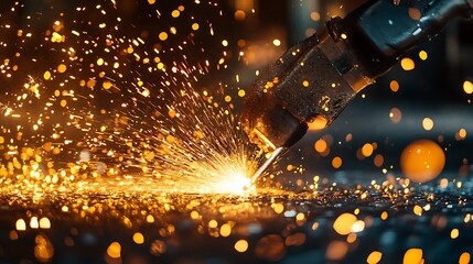 Dynamic arc welding with golden sparks flying in a dark industrial setting, showcasing precision manufacturing and high-tech engineering process