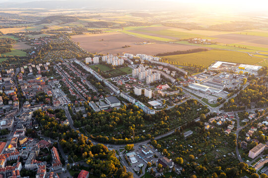 Aerial view of the city panorama at sunset, an ancient European city from a height, Poland, Klodzko