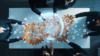 A dynamic team collaborates over gears symbolic of innovation and technology, integrating AI and SEO strategies in a modern business environment. Raster