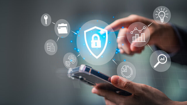 A smartphone user interacts with a digital security interface featuring icons of data protection, analytics, cloud storage, and secure access, emphasizing mobile cybersecurity, privacy protection