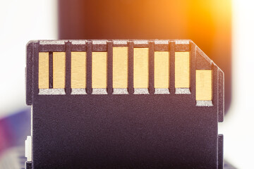 Close-up of an SD memory card showing the memory card contacts.
