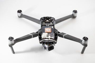 Disassembled drone after a fall, drone without the upper part of the body.