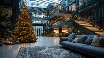Modern lobby with christmas tree and festive decor in contemporary office building