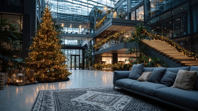Modern lobby with christmas tree and festive decor in contemporary office building