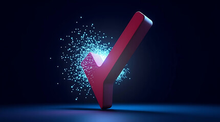 A red check mark glows against a dark blue background, surrounded by a cloud of sparkling blue particles, symbolizing success, validation, and digital confirmation in a modern, vibrant style