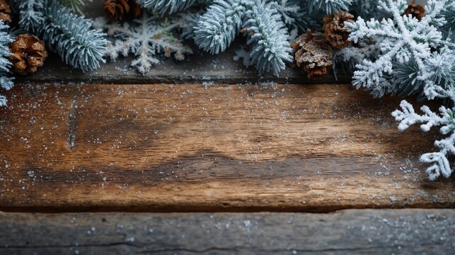 Textured wooden background with snowy fir branches and pine cones creating a winter holiday atmosphere