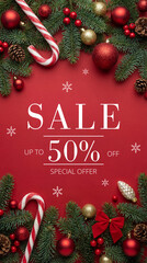 Christmas sale background with pine branches, ornaments and text promoting up to 50 percent off special offer. Concept of seasonal holiday promotion