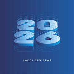 2026 technical drawing lines turn into 3D numbers in the form of a metal plate with laser precision. New Year 2026 concept design greeting card on blue background for hitech engineering