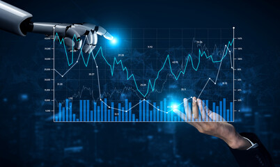 A robot hand reaching out to touch a digital data graph while a human hand extends, symbolizing collaboration in financial technology and artificial intelligence innovations. Scalp