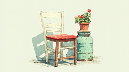 Chair with red cushion and flower pot on a container against white background.