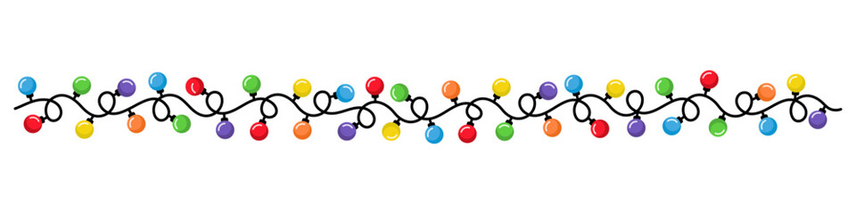 Christmas lights border. Vector design of colorful string lightbulb garland  in flat style. Winter holiday decorative element for xmas cards, invitations, banners, posters