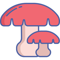 Two Pink Mushrooms With Red Caps And Light Pink Stems Isolated On Transparent Background With Blue Outline