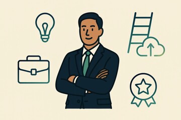 Confident businessman in formal attire surrounded by career symbols representing innovation, professional growth, achievement, and advancement in a digital age of opportunity