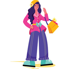 Woman in stylish pink jacket blue pants yellow hat holding gift bag posing confidently indoors with transparent background