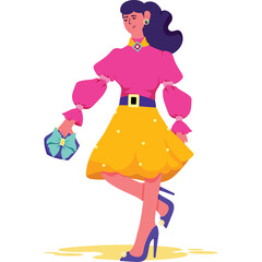 Woman in Pink Blouse Yellow Skirt High Heels Walking with Handbag