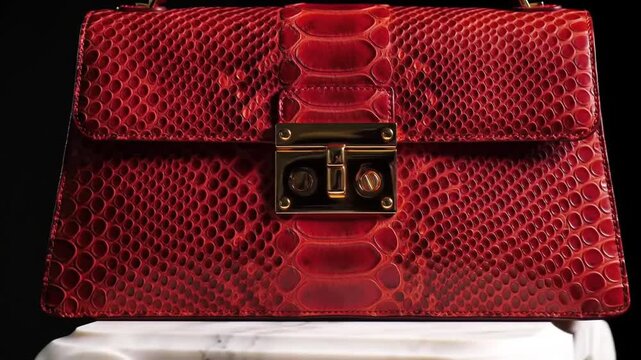Stunning Red Python Leather Handbag Displayed in a Sequence of Angles with Golden Hardware