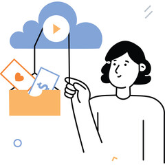 Person Interacting With Digital Cloud Storage Containing Financial Documents And Media Files With A Play Button Icon Representing Online Streaming Services