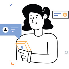 Woman Using Mobile Phone With Chat Bubble And Profile Icon In A Simple Line Art Style With Orange Accents On Transparent Background