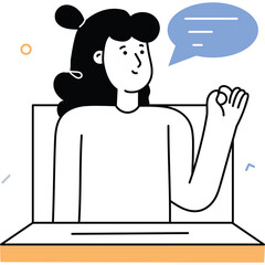 Woman with black hair and blue speech bubble on laptop screen with simple orange and blue graphic elements on transparent background
