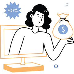 Woman Emerging From Computer Screen Holding Money Bag With 50 Percent Discount Graphic In Background Vector Art Illustration