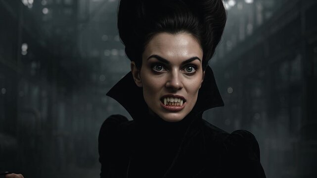 Close-Up of a Vampire Woman with High Updo Hair Revealing Her Fangs in a Foggy Steel Factory