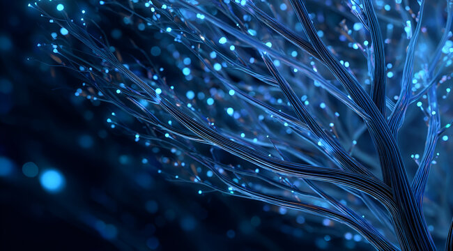 A mesmerizing visual of glowing blue strands resembling a luminous tree, representing innovation and modern technology.