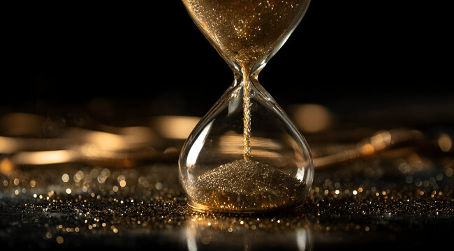A mesmerizing hourglass filled with shimmering gold particles, symbolizing the passage of time and elegance.