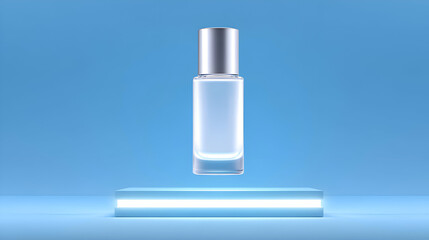 Glass perfume bottle with silver cap resting on clear ice cubes, floating against a vibrant blue background. Evokes extreme freshness, cooling, and vitality. Excellent for summer promotions.