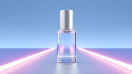 Clear glass serum bottle with a silver cap, centered between two converging pink neon light paths. Conveys future technology, speed, luxury, and dynamic energy. Perfect for youth-focused cosmetics.