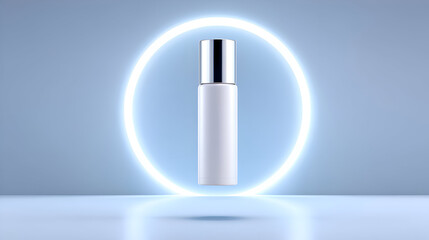 Tall cylindrical white pump bottle with a chrome cap, centered inside a bright white neon ring. Conveys ultimate purity, clean clinical science, and sleek, minimalist design. Ideal for lotion or serum