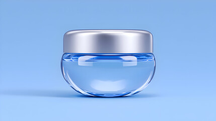 Close-up of a clear glass cream jar with a wide silver cap, containing blue-tinted product, set against a solid light blue background. Conveys pure hydration, calm, and fresh aquatic beauty. 