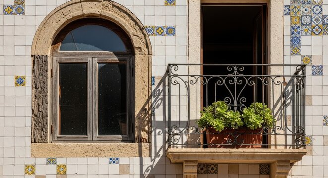 Charming old world architecture with tile accents and balcony garden box - Powered by Adobe